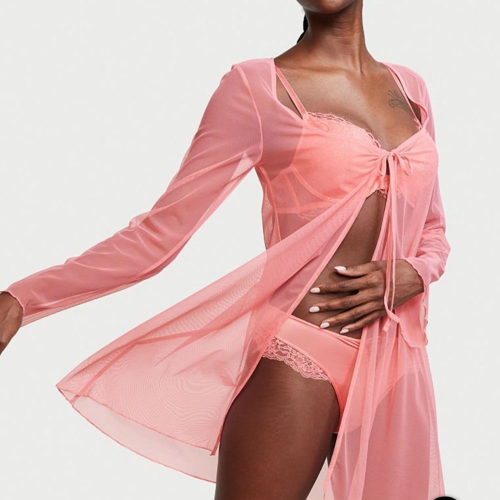 Pink Mesh Open-Front Robe